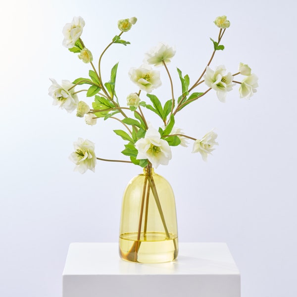 Elemental Green - Real Touch Cream Hellebores Blooms Water Illusion Arrangement in Citron Tone Vase