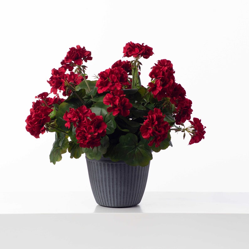 Lifelike Red Geranium Faux Floral Outdoor Summer Urn Filler Arrangement image 1