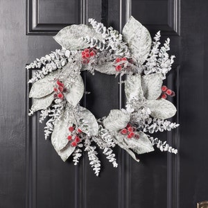 Snow Covered Magnolia Leaf & Eucalyptus with Iced Sugar Berry Seed Pods Holiday Winter Wreath