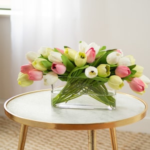 Real Touch Green, White & Pink Mixed Tulip Spring Summer Faux Floral Water Illusion Arrangement in Oval Glass Vase image 1