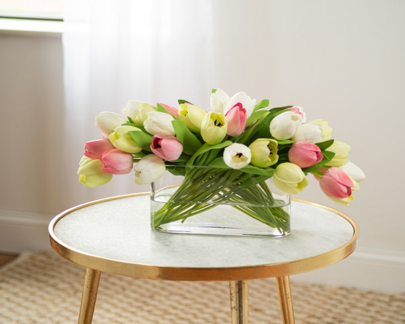 Real Touch Green, White & Pink Mixed Tulip Spring Summer Faux Floral Water Illusion Arrangement in Oval Glass Vase image 1