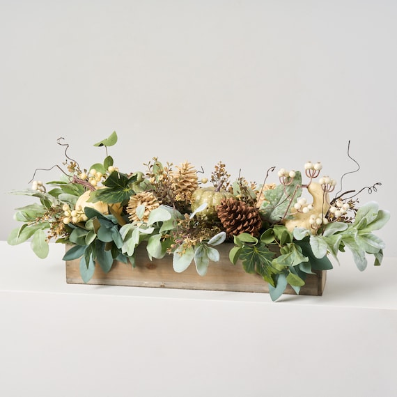 Cream Pumpkin, Eucalyptus & Pinecone, Lamb's Ear Fall Harvest Centerpiece Arrangement in Wood Planter