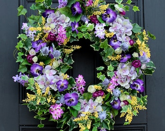 Royal Lavender Hydrangea, Lilac, Purple Pansy, Yellow Astilbe Spring Door Wreath