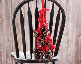 Multi Pinecone Christmas Hanging Decor Garland Chair Back Swag with Red Velvet Ribbon