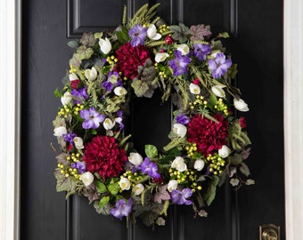 Beauty Dahlia Purple Petunia, White Mini Tulips & Begonia Leaf Spring Summer Front Door Wreath