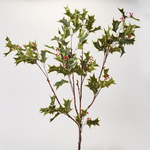 Extra Large Green Holly Leaf & Red Berry Twig Branch Spray - 45&quot;