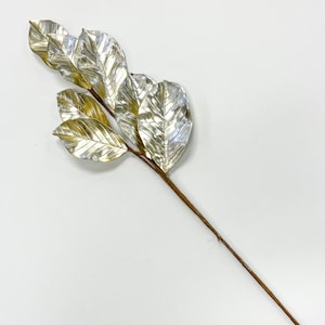 Silver Gold Metallic Magnolia Leaf Branch Spray - 29&quot;