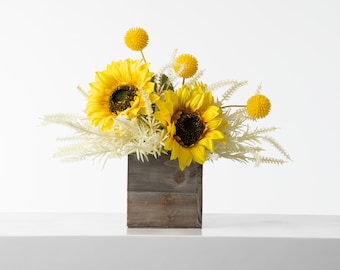 Vibrant Yellow Sunflower & Cream Astilbe Faux Floral Fall Arrangement In Small Natural Wood Woodland Box Planter