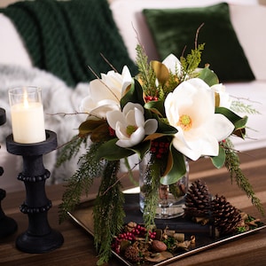 White Christmas Magnolia, Red Winter Berry, Real Touch Cedar & Branches Holiday Water Illusion Arrangement Centerpiece in Glass Vase