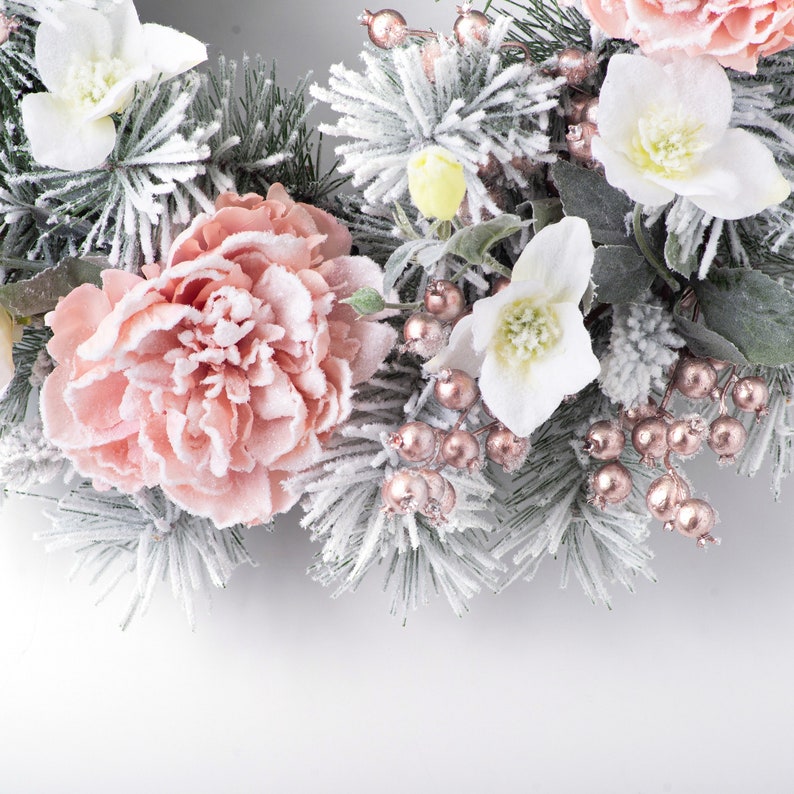 Snow Kissed Pink Peony, Metallic Tinsel Berry, White Hellebores & Flocked Pine Winter Valentine's Day Wreath image 2