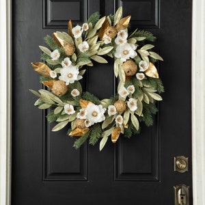 Elegant Green Metallic Bay Leaf with Sequined Pomegranates, White Hellebores & Anemones Front Door Holiday Christmas Wreath