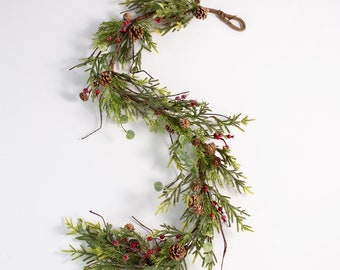Frosted Red Berry, Pinecone & Iced Twig Christmas Mantle Garland Holiday Table Runner