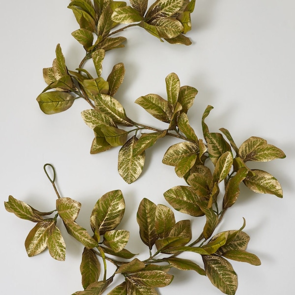 Green & Gold Metallic Magnolia Leaf Holiday Mantle Garland Shimmering Christmas Table Runner