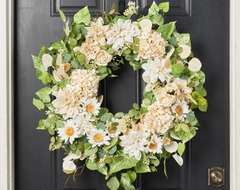 Vanilla Bean Dream - Soft Linen Dahlia, Sunflower & Hydrangea Spring Summer Front Door Wreath