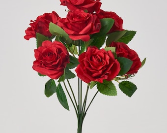 Red Silk Rose Bush Stem Bouquet - 11"