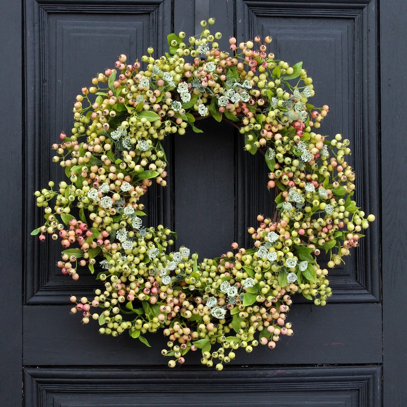 Pink & Green Pepperberry and Queen Annes Lace Front Door Spring Wreath image 1