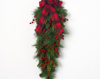 Red Berry & Belgium Pine Front Door Hanging Christmas Swag with Red Plaid Glitter Bow