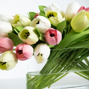 Real Touch Green, White & Pink Mixed Tulip Spring Summer Faux Floral Water Illusion Arrangement in Oval Glass Vase image 2