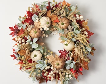 Lamb's Ear, Mixed Pumpkin & Berry Front Door Fall Wreath