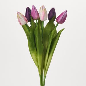 Mixed Purple & Cream Silk Tulip Bud Bouquet Bundle of 6 Faux Stems - 20&quot;