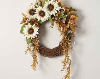 Draping Wheat Grass with Wildflowers, Cream Sunflower & Daisy Fall Front Door Wreath