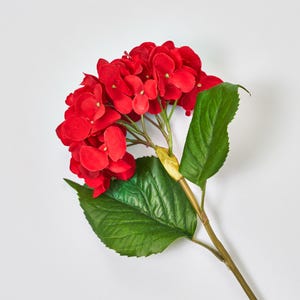 May include: A bouquet of artificial red hydrangea flowers with green leaves. The flowers are clustered together and have a realistic appearance.