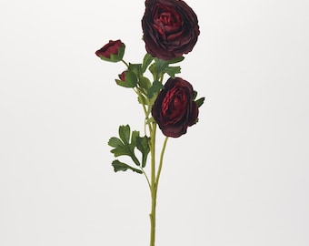 Jumbo Burgundy Red Ranunculus Bloom & Bud Faux Floral Stem - 26"