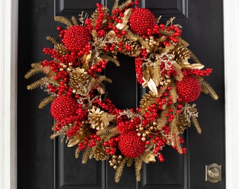 A Very Berry Christmas - Red Berry Ball Ornaments & Crabapples, Gold Pine, Pine Cone Holiday Bay Leaf Christmas Wreath