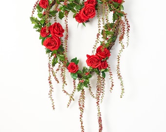 Romance in the Rose Garden - Red Glitter Amaranthus & Green Holly Valentine's Day Heart Shape Wreath