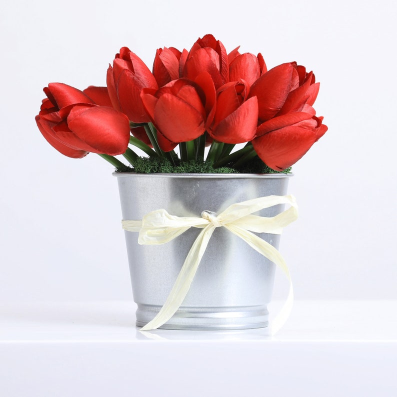 Mini Tulip Faux Floral Everyday Spring Arrangement Centerpiece in Metal Tin Red Mini Tulip