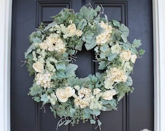 French Vanilla Hydrangea & Roses with Queen Anne's Lace On Frosted Grapevine Everyday Spring Fall Front Door Wreath