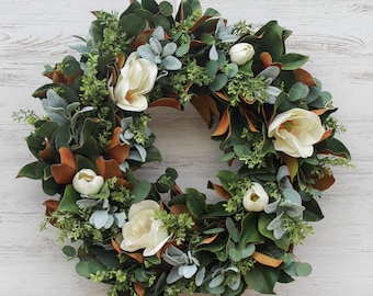 Real Touch White Magnolia & Mixed Greenery Everyday Spring Summer Front Door Estate Wreath