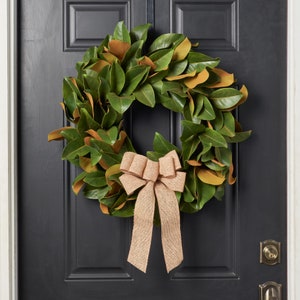Classic Real Touch Magnolia Leaf All Seasons Front Door Wreath with Burlap Bow image 3