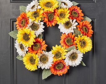 Autumn Medley of Yellow, Orange & White Faux Sunflowers Front Door Fall Wreath