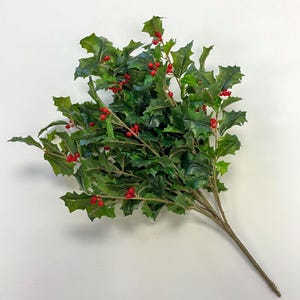 Green Holly Leaf & Red Berry Bush Vine Christmas Spray - 20&quot;