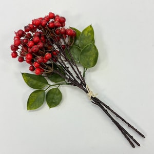 Lifelike Red Currant Berry & Foliage Bundle Winter Holiday Stem - 12"