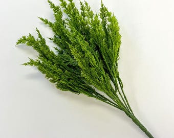 May include: A bunch of artificial green sprigs with a long stem. The sprigs are made to look like cedar or pine.