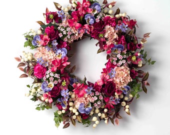 Through the Garden Gate - Pink Hydrangea, Beauty Rose, Lavender Pansy Spring Summer Front Door Wreath