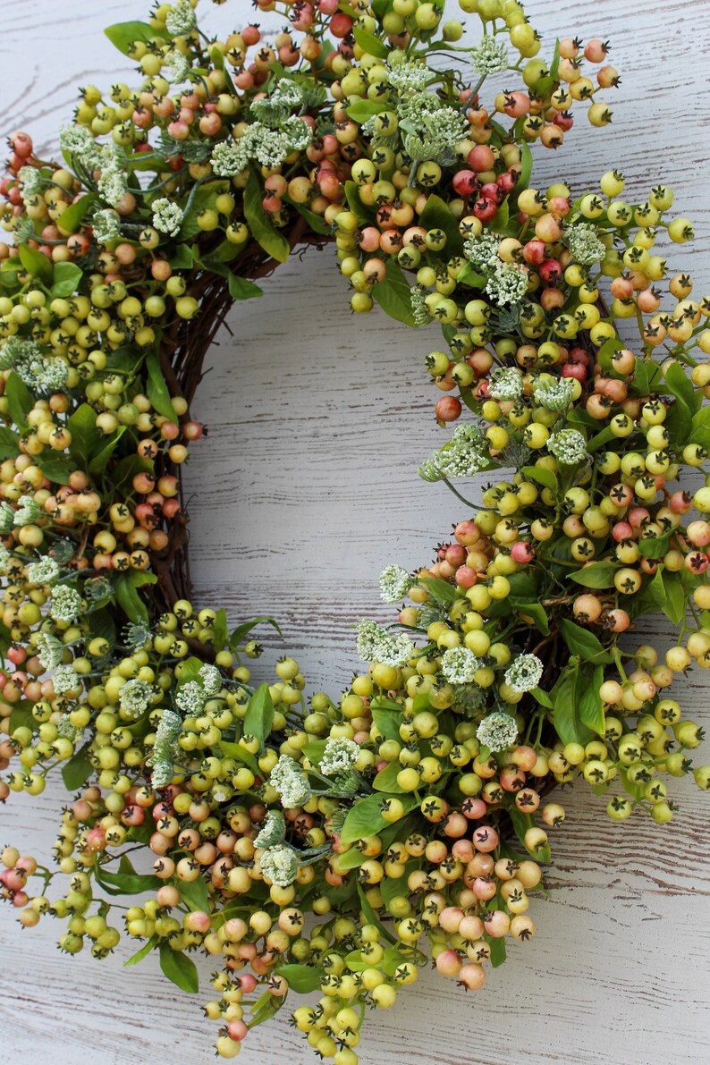 Pink & Green Pepperberry and Queen Annes Lace Front Door Spring Wreath image 4