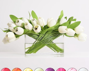 Real Touch Tulip Spring Floral Arrangement in Oval Glass Vase - 8 Color Options Available