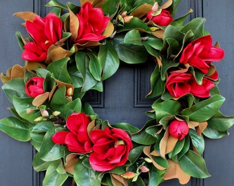 Christmas Red Magnolia Real Touch Leaf Front Door Holiday Wreath