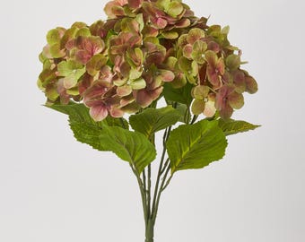 Green & Pink Watercolor Silk Garden Hydrangea Blooms Bush Bouquet - 21"