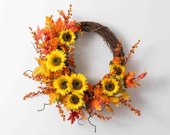 Yellow Sunflower, Red Autumn Maple Leaf, Golden Orange Mini Chrysanthemum & Rust Berry Asymmetrical Front Door Fall Wreath