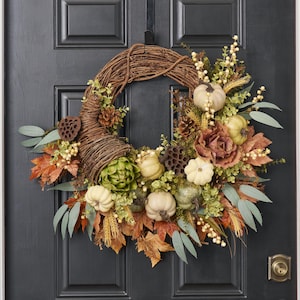 Countryside Gatherings - Harvest Eucalyptus, Mixed Pumpkin & Cornucopia Front Door Fall Wreath