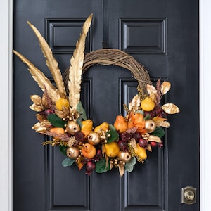 Gilded Harvest Soiree - Autumn Pear, Burgundy & Gold Pomegranate, Gold Feathers Thanksgiving Fall Wreath
