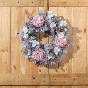 Snow Kissed Pink Peony, Metallic Tinsel Berry, White Hellebores & Flocked Pine Winter Valentine's Day Wreath image 5