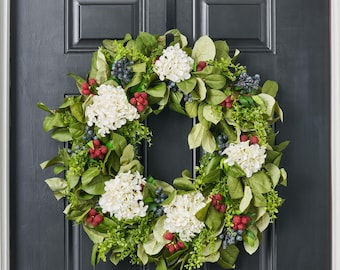 Williamsburg Style Americana Fruit Wreath with Hydrangea, Raspberry & Blueberry Summer Front Door Wreath