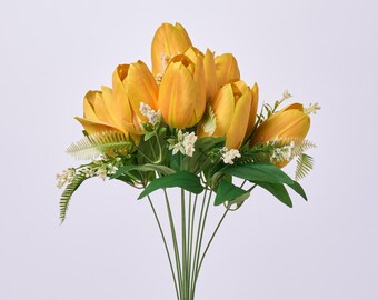 Gelbe Seiden-Tulpenblüte & Blattstiel-Blumenstrauß-Imitat-Blumenspray - 19 "