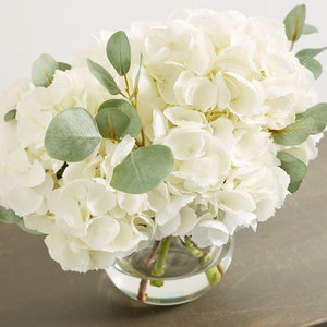 Large White Hydrangea & Eucalyptus Arrangement in Rounded Glass Vase image 6