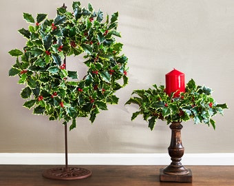 Variegated Holly & Red Berry Mini Wreath or Candle Wreath Centerpiece